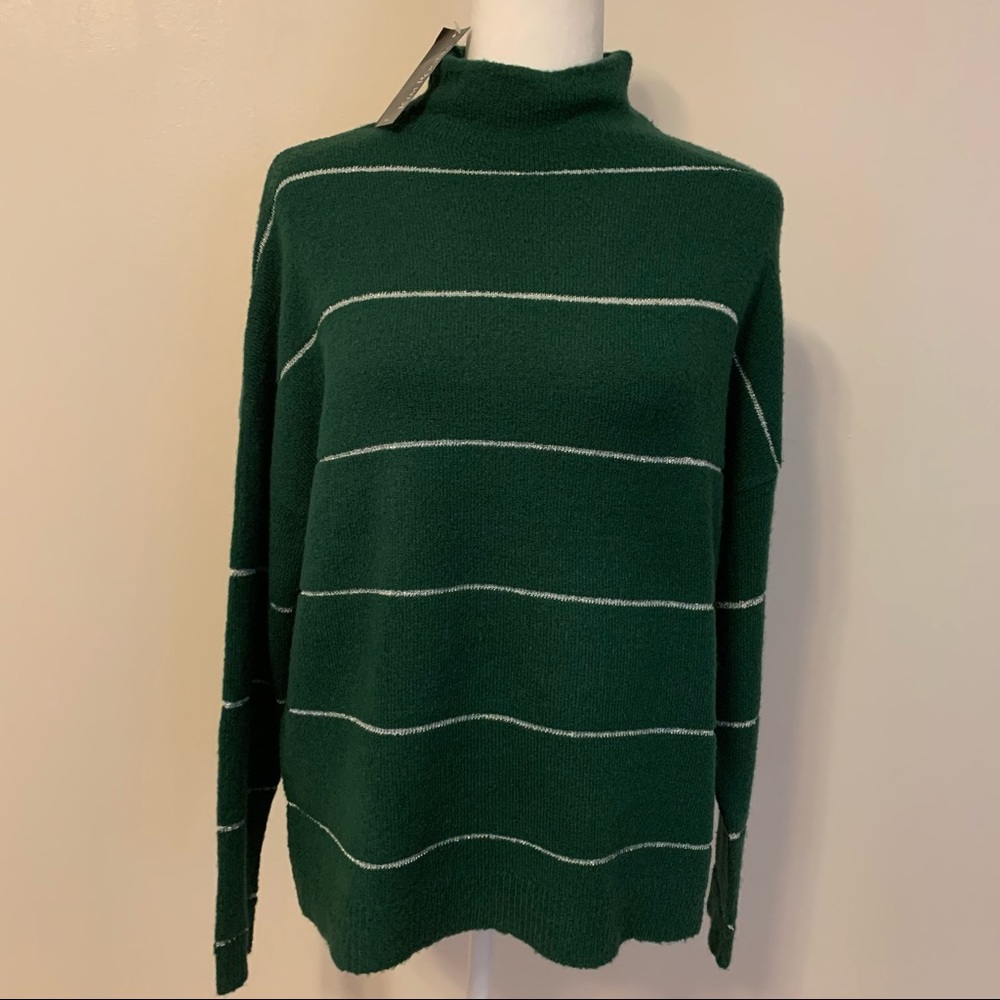 Kim Rogers Green & Silver striped sweater.